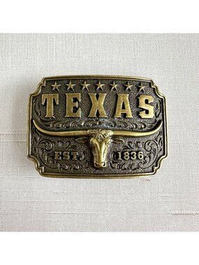 Texas Est. 1836 Longhorn Steer Antique Brass Belt Buckle, Western Cowboy